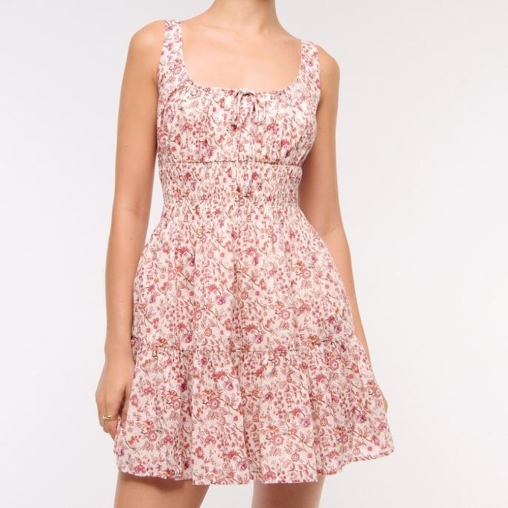NWT A&F Smocked Tie-Front Mini Dress with Pockets | Pink Floral Pattern Sundress